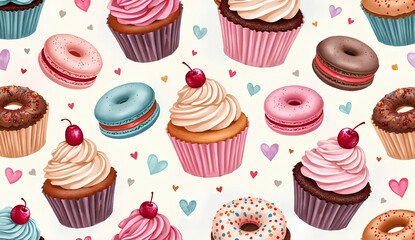 Cute watercolor cupcakes and donuts pattern