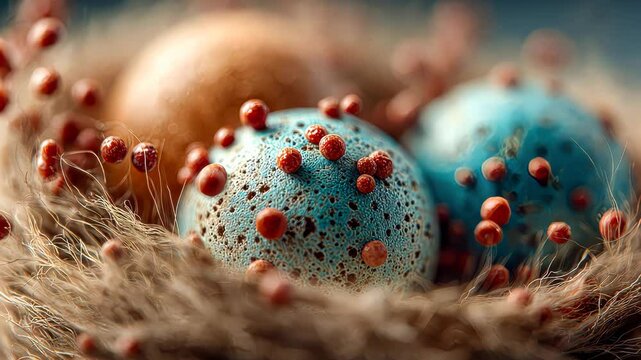 Vibrant blue and brown speckled eggs rest in a soft nest, adorned with small red organic spheres, in extreme detail