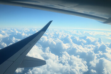 Obraz premium Airplane wing view of fluffy clouds against a blue sky during daytime travel and transportation
