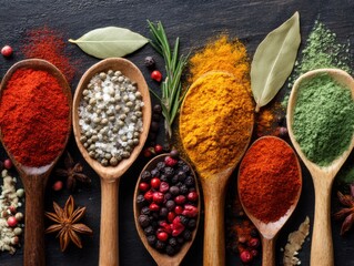 Assortment of Spices in Wooden Spoons on Dark Background Overhead Close Up Still Life Food Photography