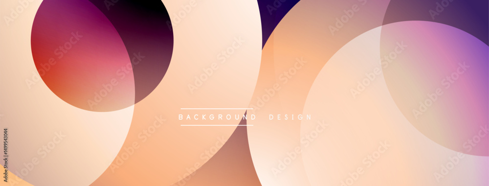 Poster abstract circles overlap, creating gradient color transitions. peach, purple, red hues dominate desi