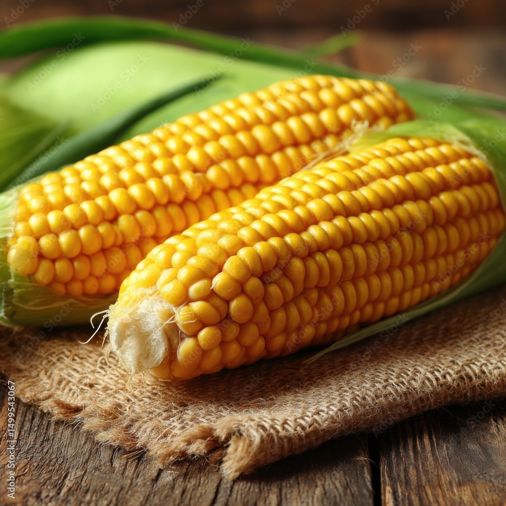 Poster two ears of corn on the cob resting on burlap sack on rustic wood table top down eye level farm to t