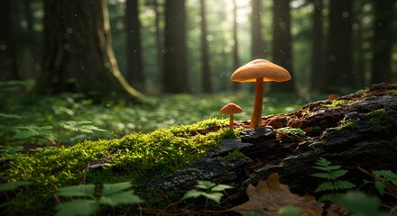 Fototapeta premium Mushroom sprouting from decaying log in dense green forest