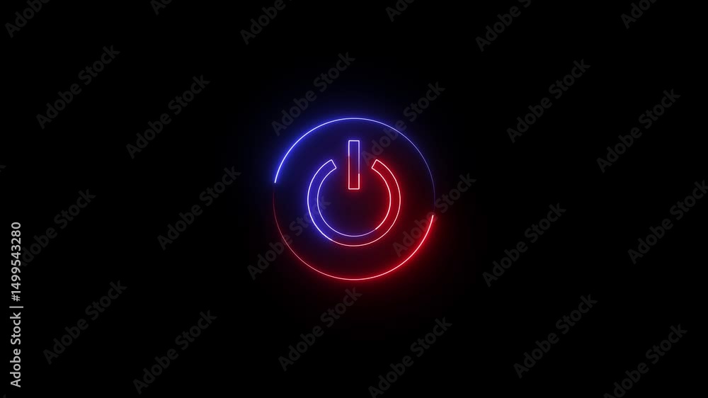 Poster animated neon power button with red and blue gradient glowing on a black background for technology a