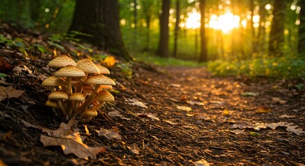 Obraz premium Golden hour light hitting mushrooms on a forest trail