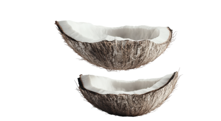 Two halves of a brown coconut shell, revealing the white interior, are displayed against a black background