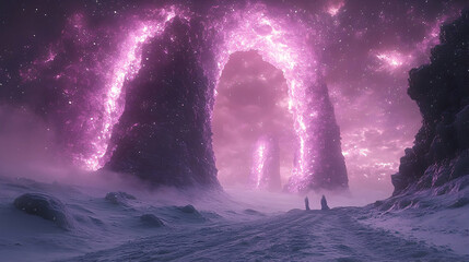 Fototapeta premium Snowy landscape with cosmic arches of light and two figures standing small against the vast otherworldly scenery