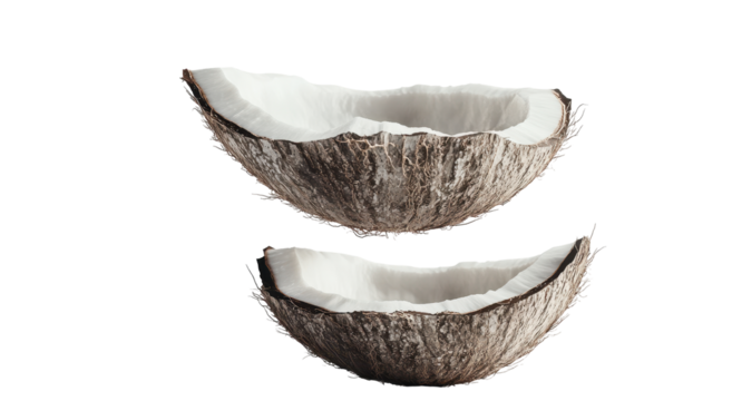 Two halves of a brown coconut shell, revealing the white interior, are displayed against a black background