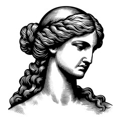 Ancient Greek or Roman female marble statue sketch engraving generative ai fictional character PNG illustration. Scratch board imitation. Black and white image.