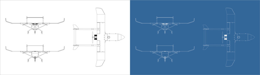 Set UAV military drone blueprint top, front and rear view isolated on transparent background
