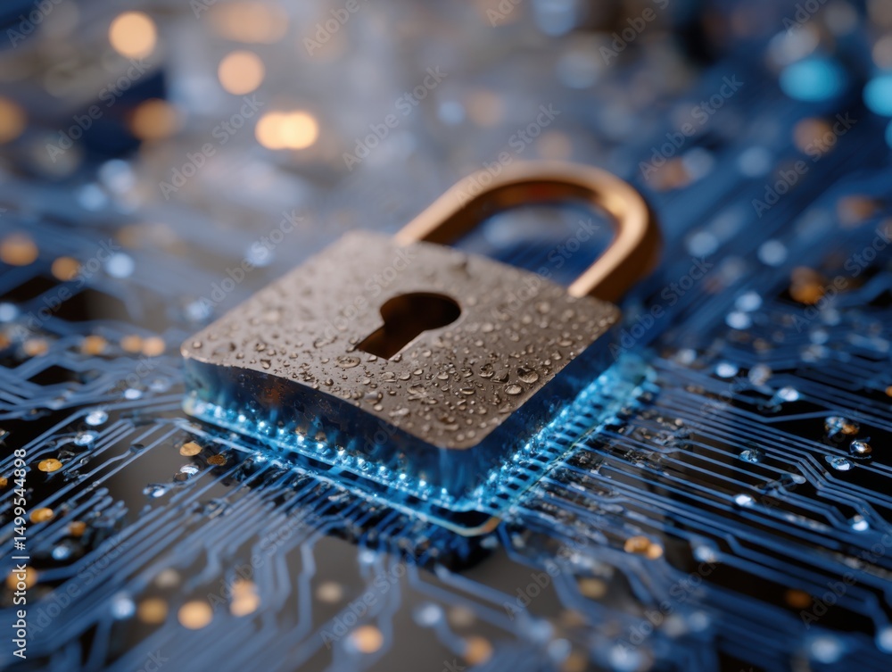 Poster padlock on circuit board close up representing cybersecurity and data protection in a digital world 