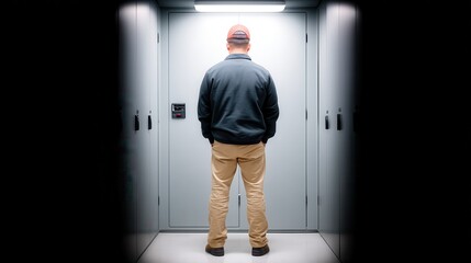 A man standing in a modern elevator, facing the doors with a serious expression. The lighting creates a dramatic atmosphere, emphasizing the solitary moment in an enclosed space.
