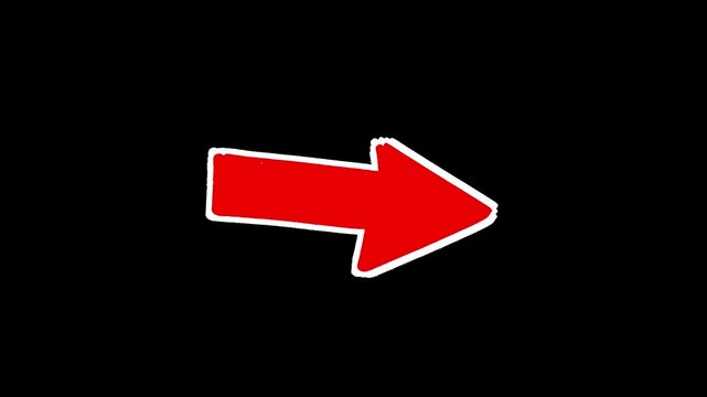 2D animation of a red arrow pointing right, outlined in black and gently wobbling in a seamless loop. The bold colors stand out sharply against the solid black background, perfect for dynamic intros, 