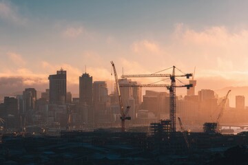 Wide shot of a city skyline growing with cranes at work