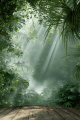 Tropical Rainforest Background with Sunlight Streaming Through Canopy, Lush Greenery and Wooden Surface, Dreamy Atmosphere