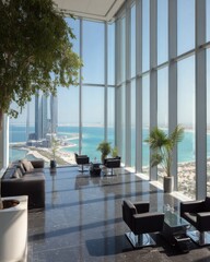 Modern lounge interior with ocean view in Abu Dhabi UAE high angle architectural shot