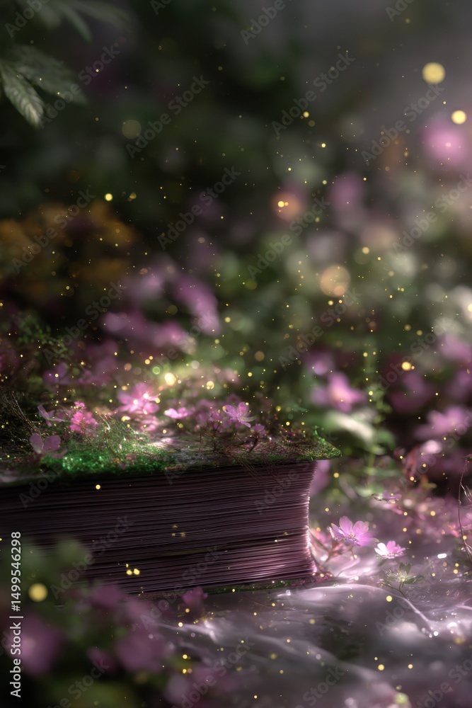 Poster open book with moss and flowers in magical forest setting with bokeh lights close up