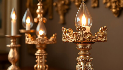 group of gold candles sitting on top of a table