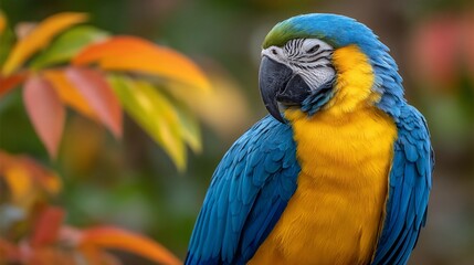 Obraz premium Blueandgold macaw amidst autumn foliage