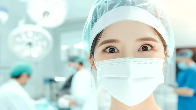 Confident young Asian woman surgeon looking directly at the camera through her mask, surgical cap fitted neatly, bright sterile operating room scene with busy doctors in the distan