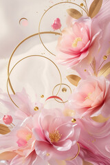 3D floral illustration with elegant pink flowers, golden leaves and abstract soft background. Perfect for luxury branding, wedding design, or romantic decor.
