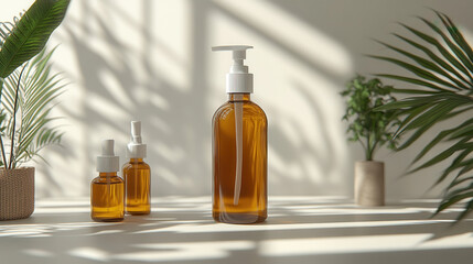 Simple product mockup of blank spray bottle with natural shadows on white backdrop 