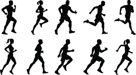 Human running silhouette vector set on white background