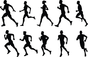 Human running silhouette vector set on white background