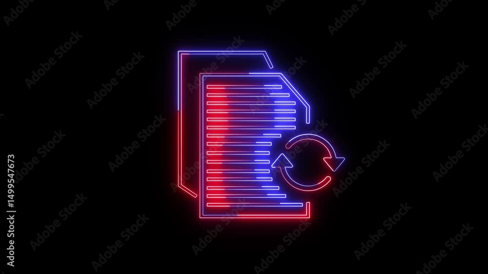 Poster animated neon file update icon with rotating arrows on a black background