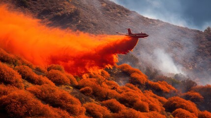 Aerial firefighting plane releasing orange retardant over wildfire, forest fire suppression operation in progress.