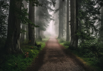 A tranquil forest path wrapped in mist, symbolizing a spiritual journey into inner peace. This visual captures the harmony between nature and the soul - perfect for themes of mindfulness 