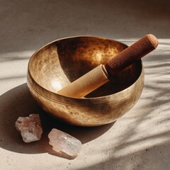 Singing bowl with mallet and rose quartz crystals in warm light for meditation and relaxation wellness zen still life
