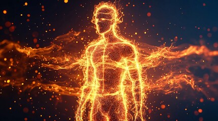 Fiery human silhouette, composed of flames and light