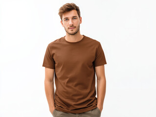 Fototapeta premium A confident man in a brown t-shirt poses against a clean white background, ideal for fashion branding and design previews. 