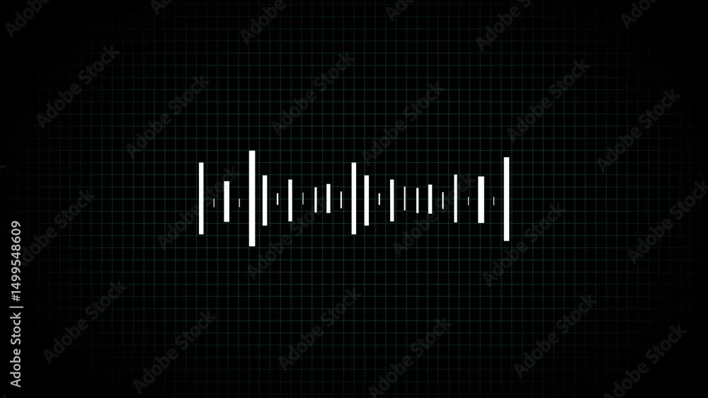 Poster animated white equalizer bars against a dark background with green grid lines representing sound wav