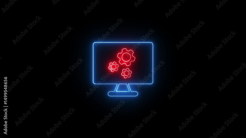 Poster glowing neon computer monitor with cogwheel symbols on a black background illuminating digital techn