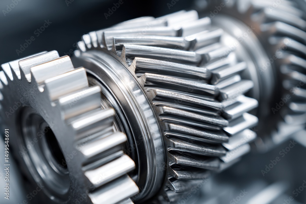 Poster close up of interlocking metal gears in motion showing mechanical engineering and precision manufact