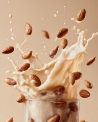 Almonds splashing into almond milk in a glass on beige background high speed studio shot healthy dairy alternative