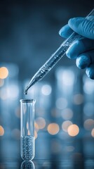 Close-up of gloved hand using pipette to add liquid to test tube in laboratory with bokeh background science research