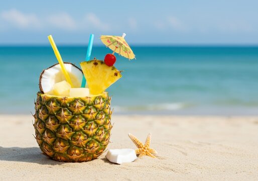Tropical pineapple cocktail on beach with ocean background