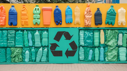 Colorful plastic bottles and containers are displayed above a recycling symbol on a wall made of compressed plastic waste.