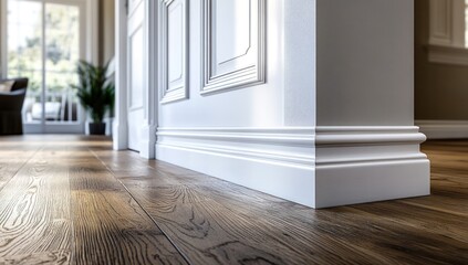 Interior wall trim detail with hardwood floor
