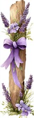 Lavender Bouquet Tied with Purple Ribbon on Wooden Post A Watercolor Illustration