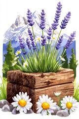 Lavender and Daisies in Wooden Planter with Mountain View