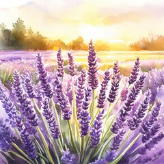 Sunset Lavender Field Watercolor Painting Purple Flowers at Golden Hour