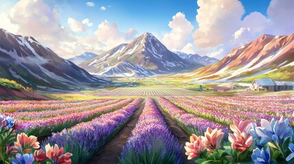 Vibrant Lavender Fields and Majestic Mountains A Serene Landscape Painting