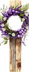 Lavender and Daisy Wreath on Rustic Wooden Post Watercolor Floral Illustration