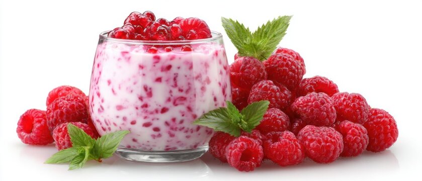 Raspberry yogurt parfait with fresh mint leaves still life close up on white background healthy breakfast concept studio shot