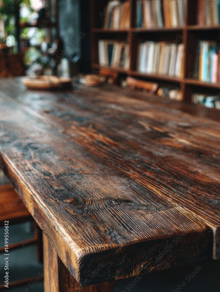 Poster rustic wooden table surface in library setting with blurred background and natural light close up sh