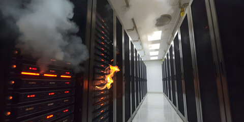 A data center experiences a fire in server racks, with smoke and flames visible. Emergency procedures are activated to control the situation and ensure safety